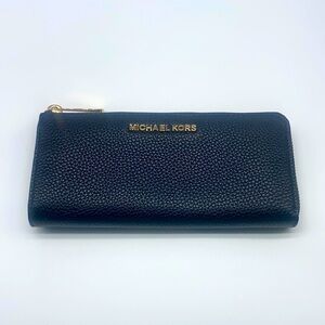 Michael Kors - Pebbled Black Leather Large Zip Around Wallet With Gold Accents